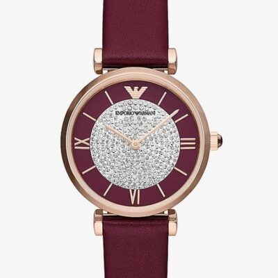 Emporio Armani Gianni T Bar Crystals Maroon Dial Maroon Leather Strap Watch for Women - AR11487